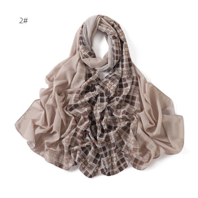 YZ209 Pearl chiffon solid color plus plaid hand-painted gradient gauze scarf sunscreen shawl hijab  hijab/tudung  printed hijab  printed scarf