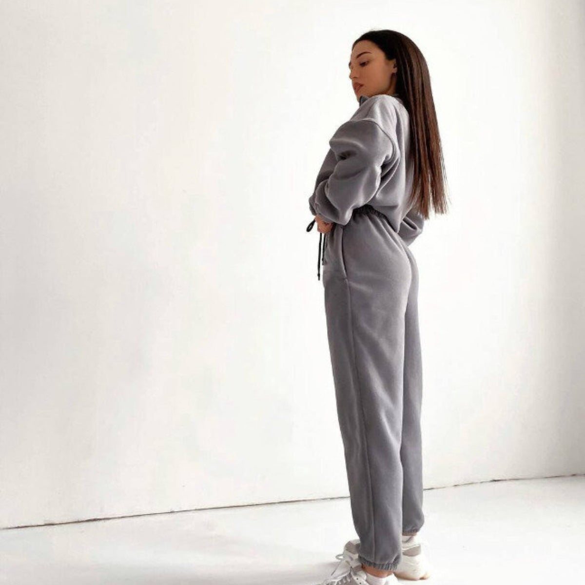PP5972 Spring Autumn Plain Loose Zip Up Stand Collar Sweatsuit 2-Piece Set Abaya