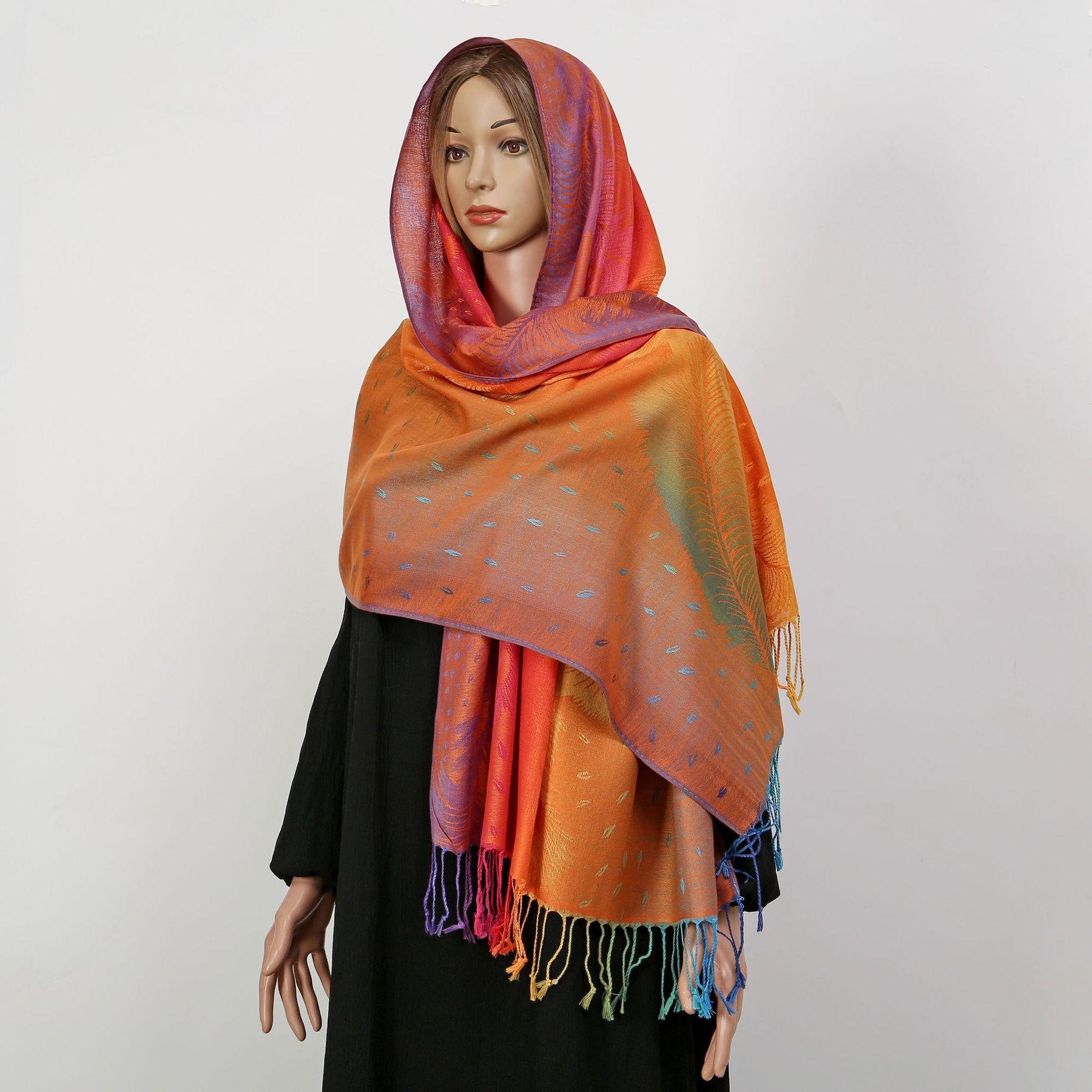 YF0438  Colorful Jacquard Soft Polyester Tassel Long Scarf