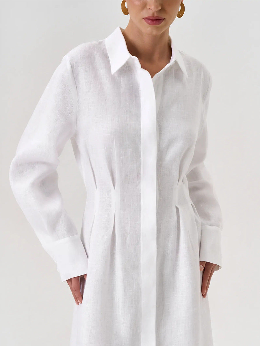 LYQ0431  Women's Waist-Cinching Linen Shirt Dress with Side Slit
