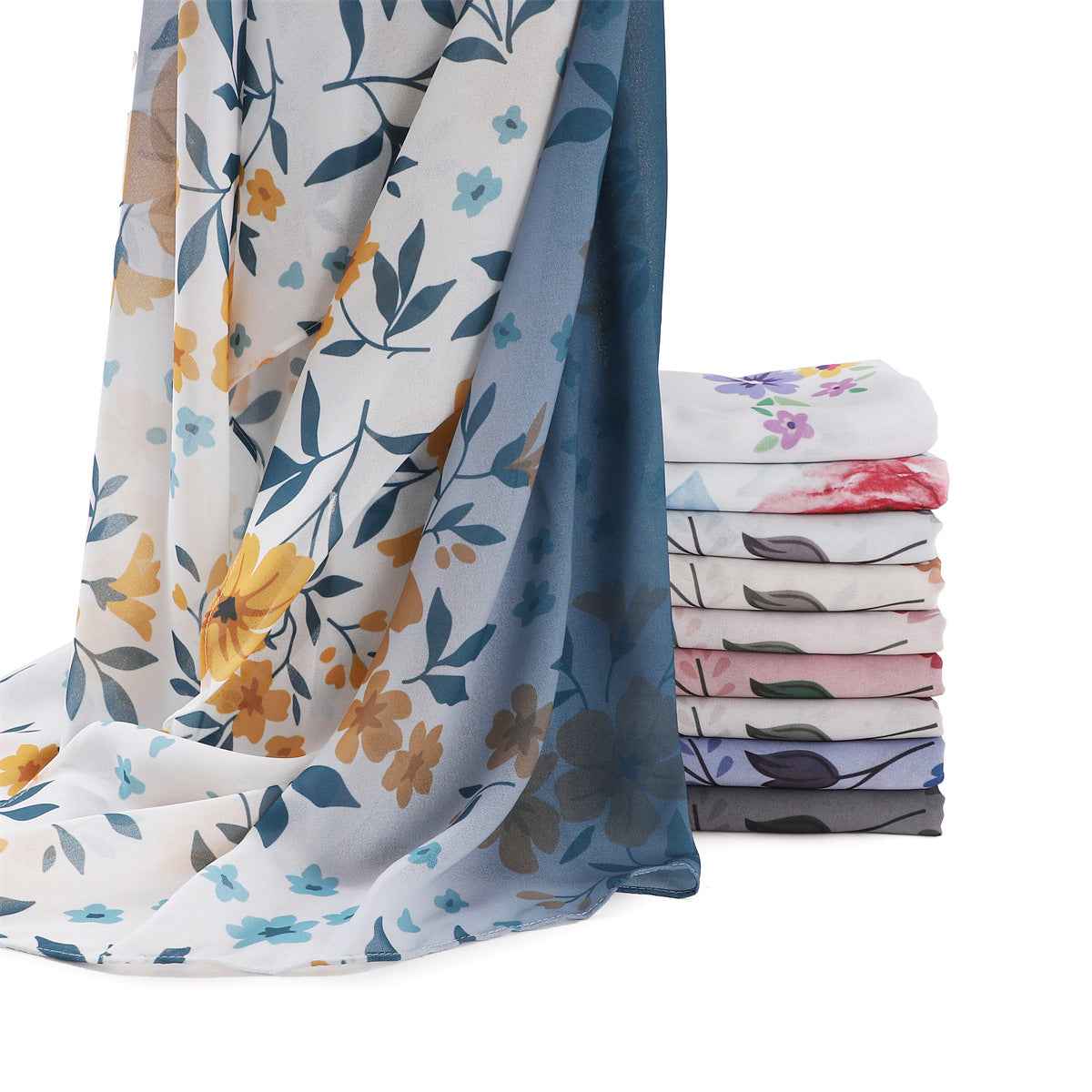 YZ202  Ombre Floral Print Pearl Chiffon Hijab