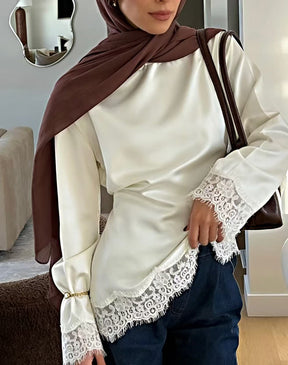 B3788  Round Neck Plain Long Sleeve Irregular Hem Lace Trim Base Layer Top