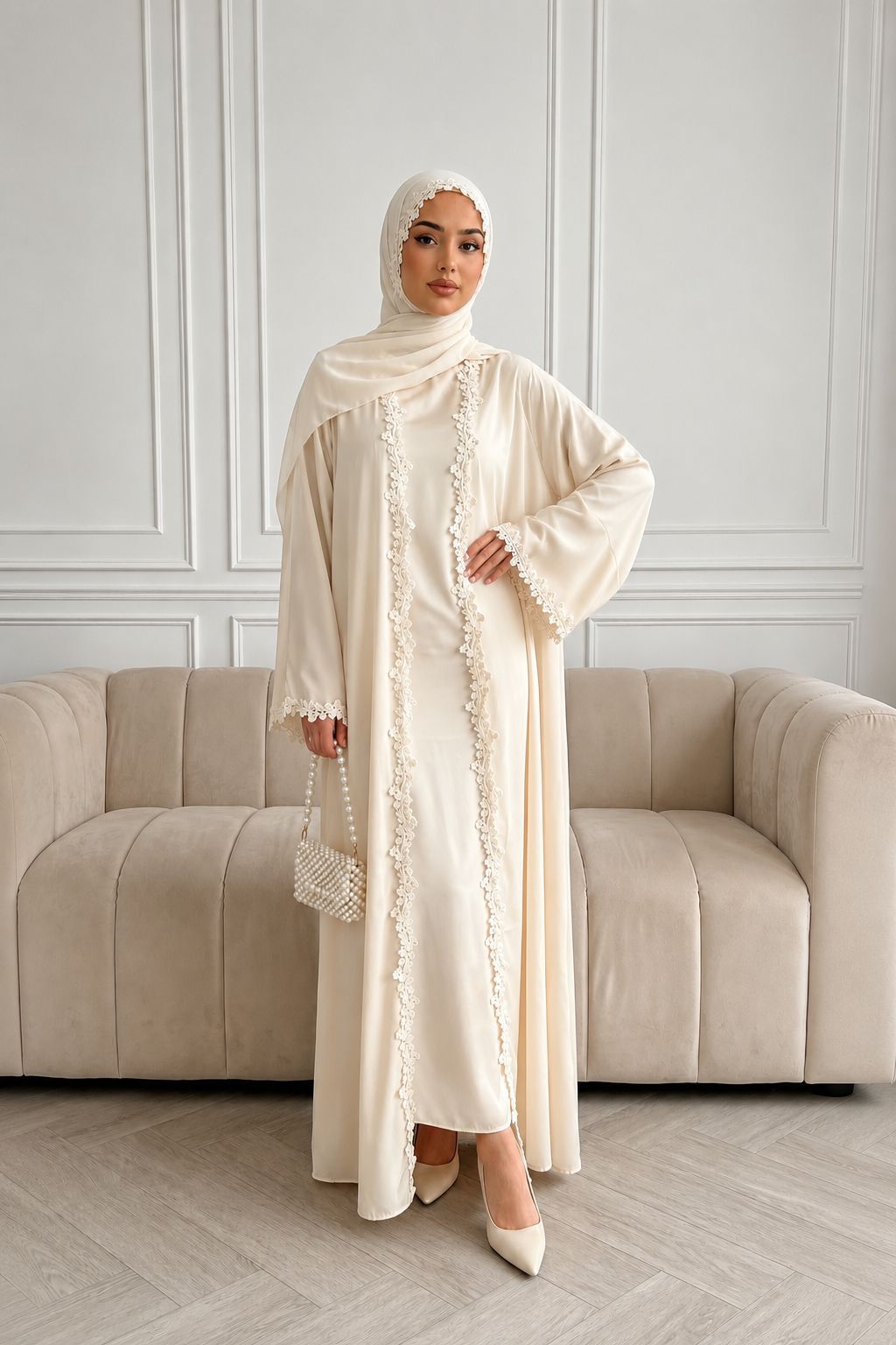 HBWT  Plain Lace Polyester Cardigan + Hijab Set