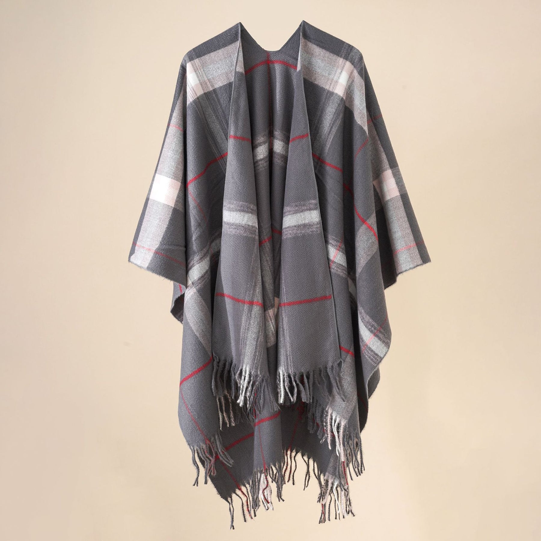 Plaid blanket warm fringed cardigan shawl for autumn and winter