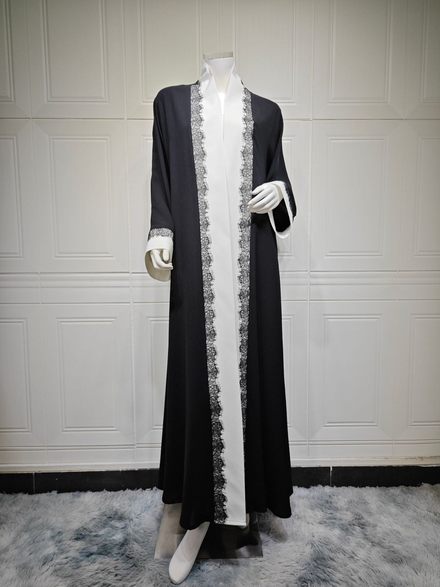 MQ266  Black Polyester Lace Patchwork Abaya