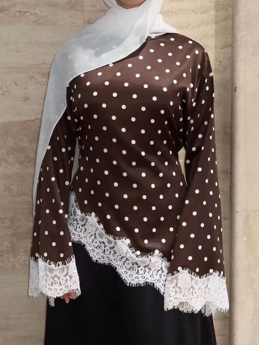 LR1357&LR1185  Lace Panel Polka Dot Polyester Top + Skirt Set