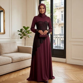 LR1174  Plus size lace panel long sleeve waist-cinching dress