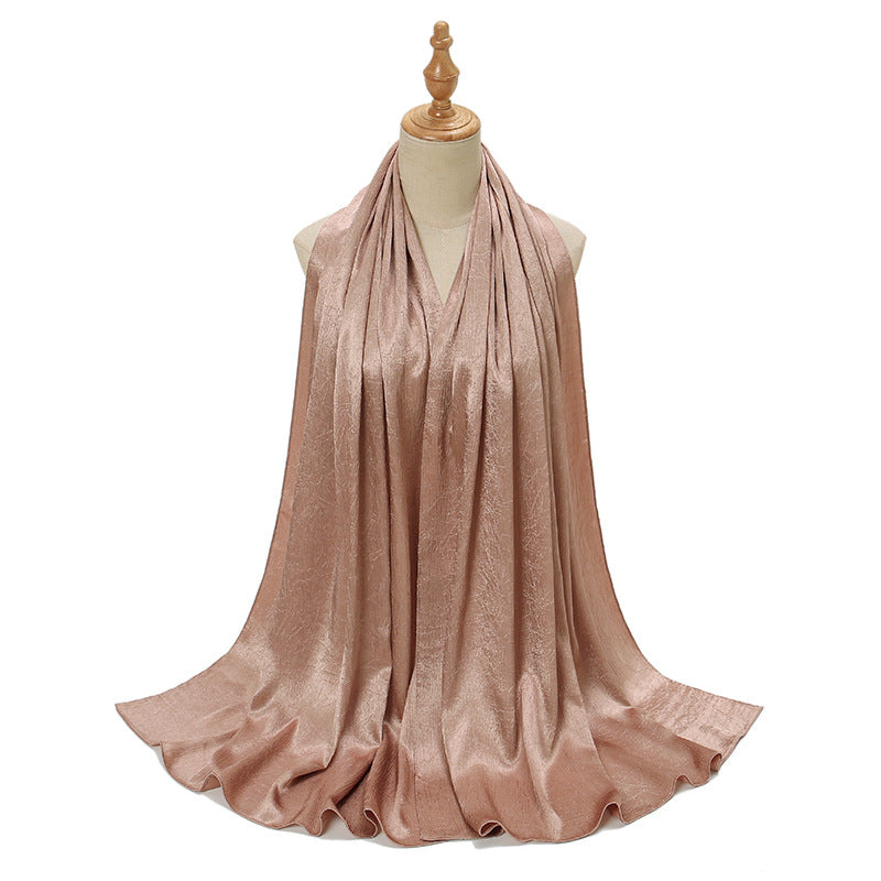 YW305  Malaysia new imitation silk smooth satin long scarf shawl pleated satin grab head covering scarf lady