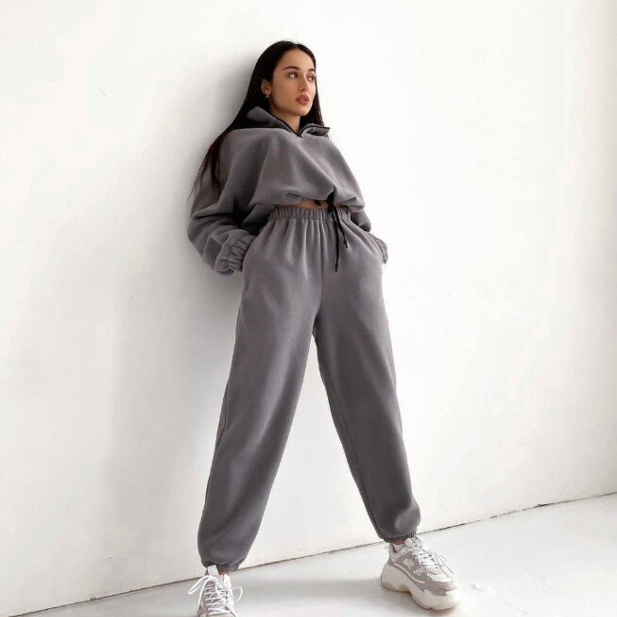 PP5972 Spring Autumn Plain Loose Zip Up Stand Collar Sweatsuit 2-Piece Set Abaya