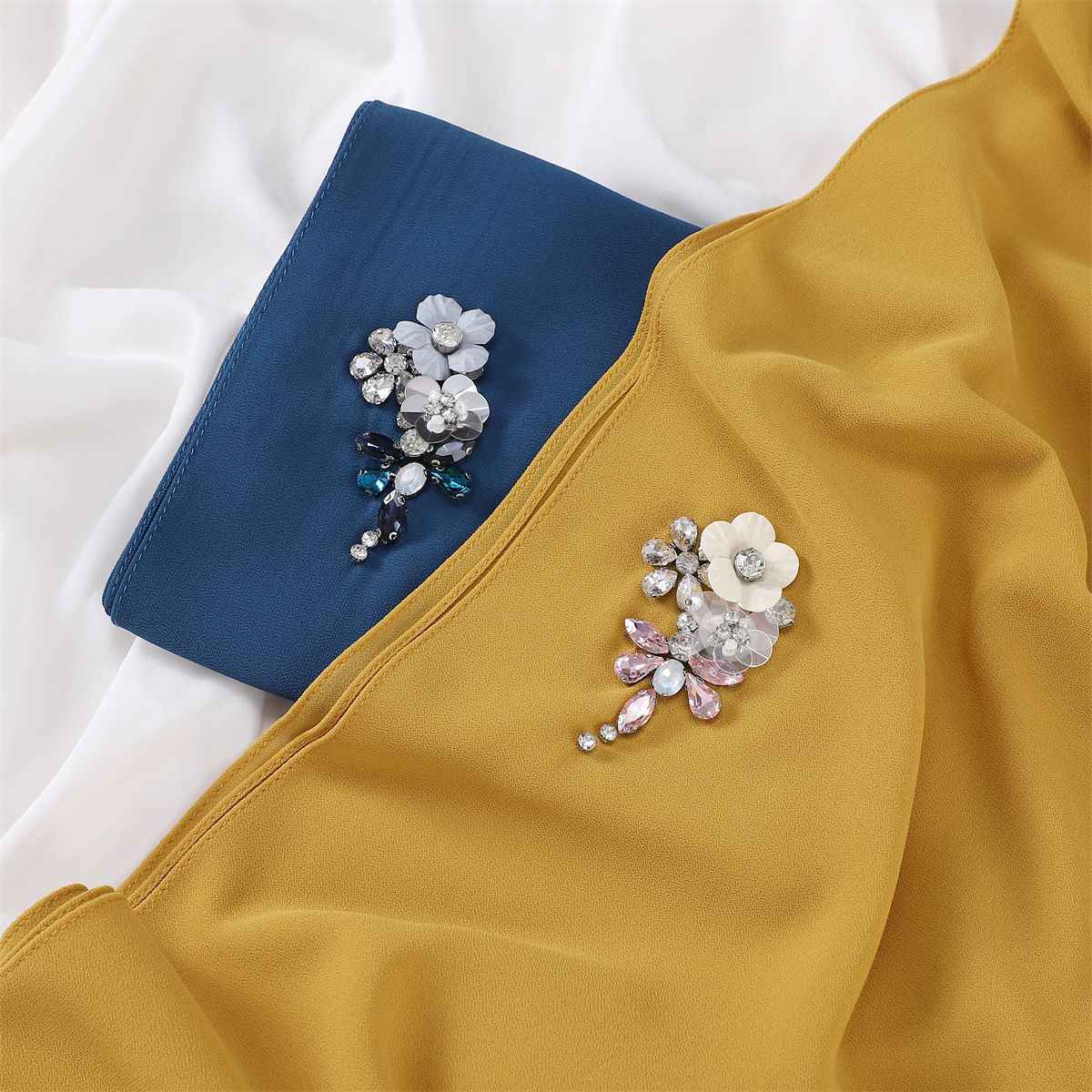YZ147  Hand-Set Crystal Plain Pearl Chiffon Hijab