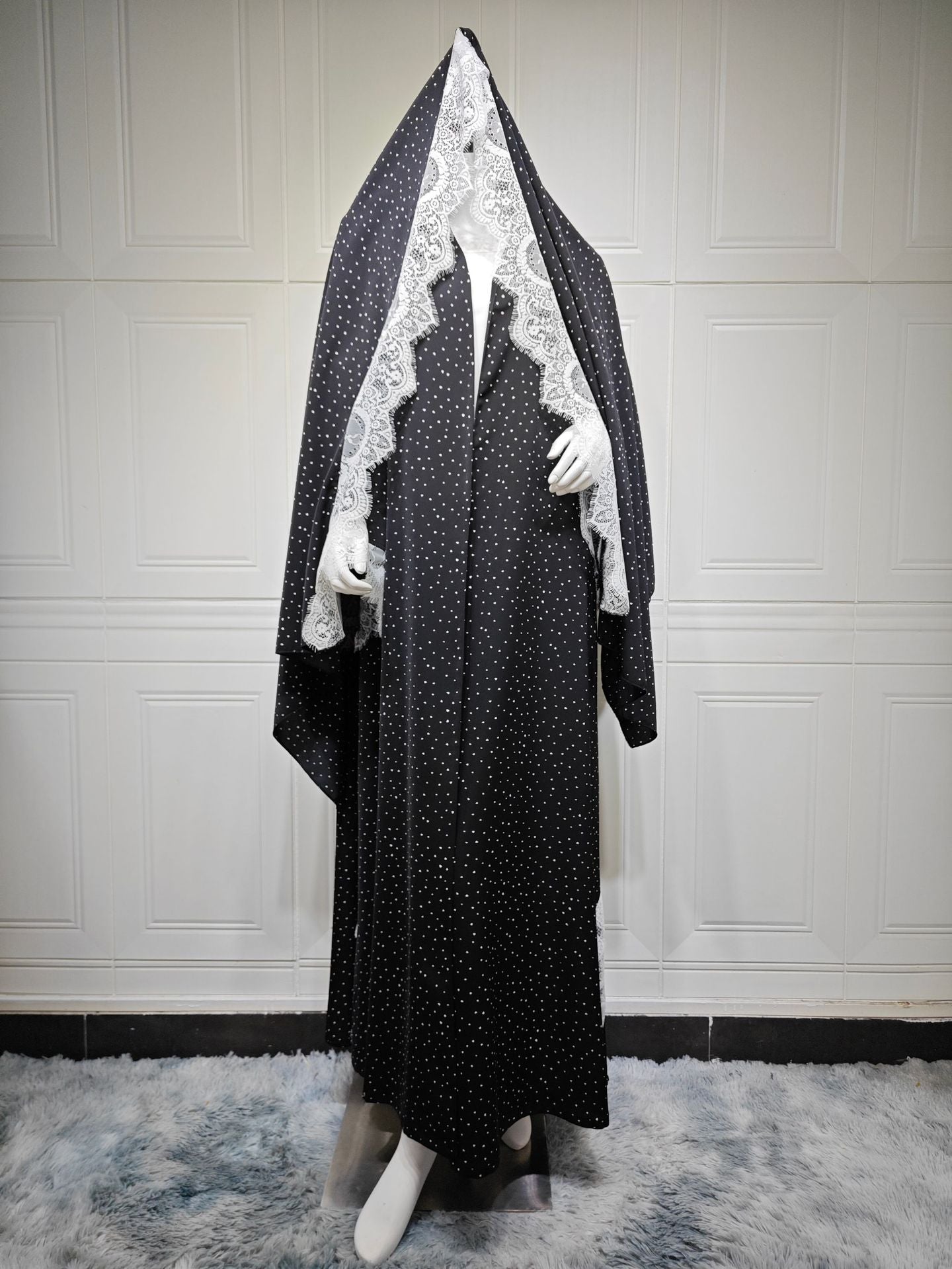 MQ259  Lace Trim Polka Dot Print Abaya Cardigan with Hijab Set