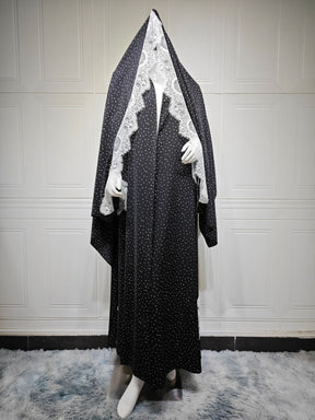 MQ259  Lace Trim Polka Dot Print Abaya Cardigan with Hijab Set