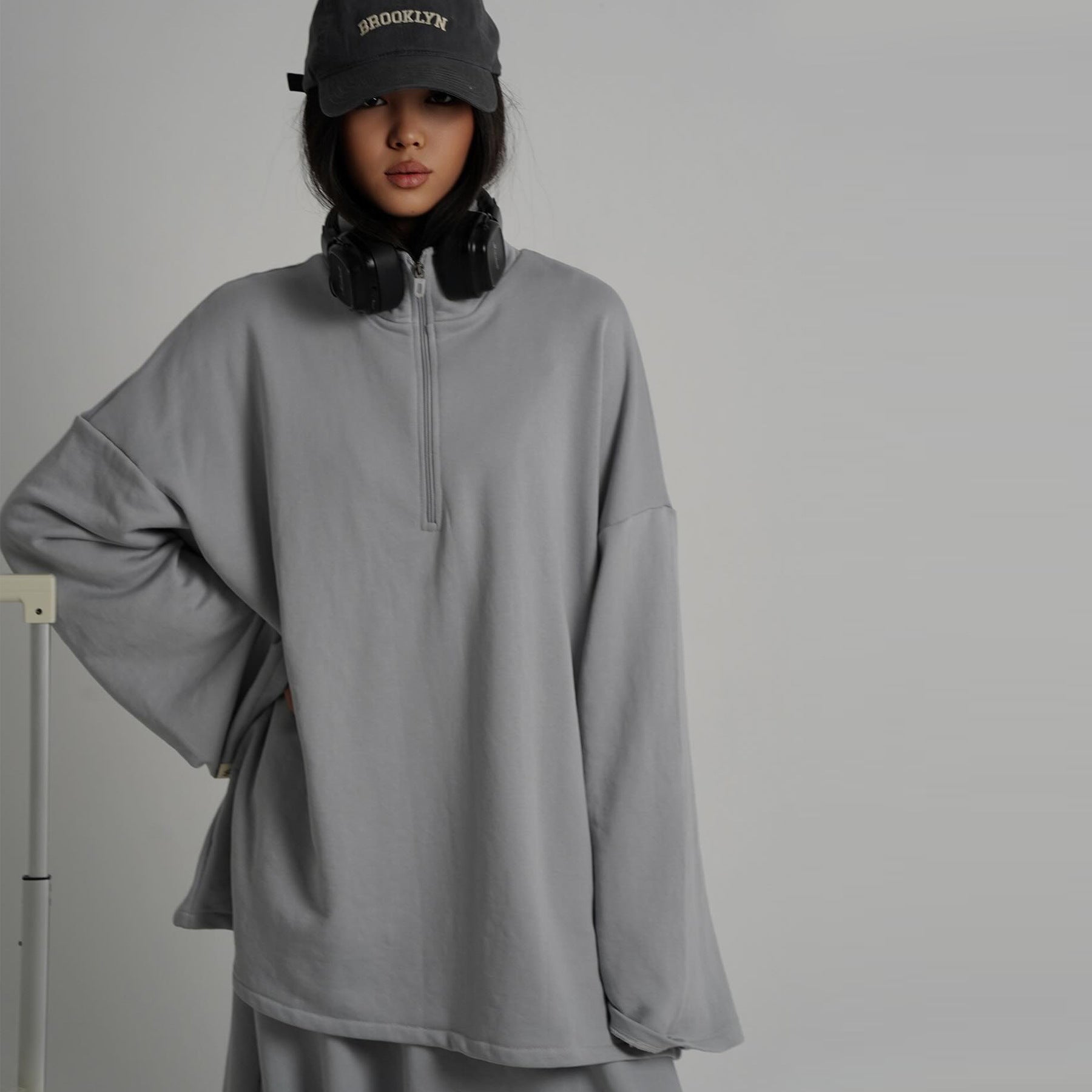 LR1127  Casual Loose Zipper Collar Top and Skirt 2-Piece Set