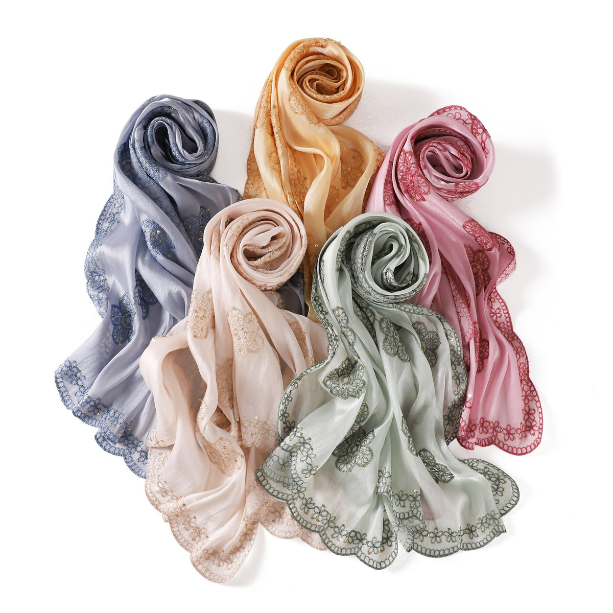 YZ343  Sequin Floral Embroidered Lace Trim Breathable Hijab