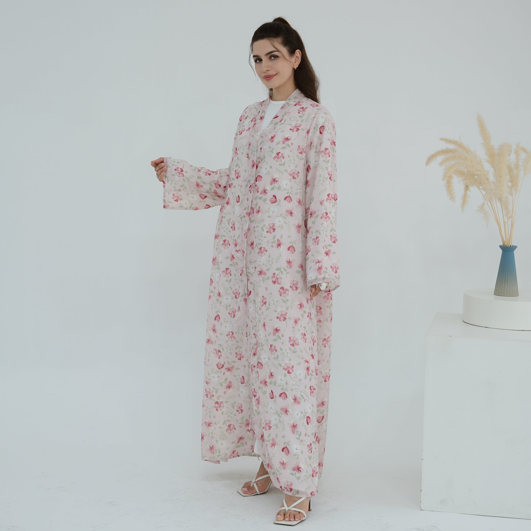 LR1067  Printed Chiffon Lined Open Abaya + Hijab Set