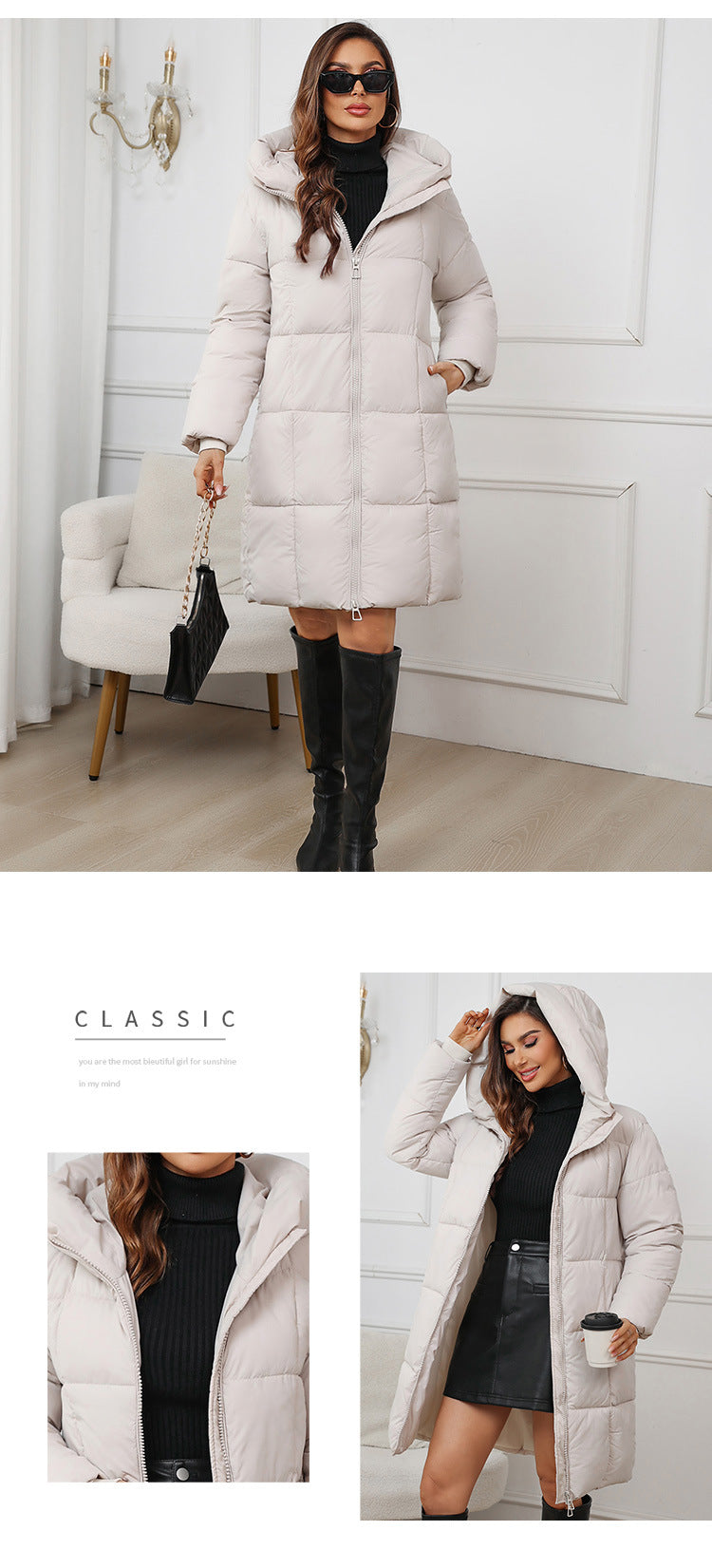 W1836  Women's Hooded Mid-Length Slim Winter Cotton-Padded Coat