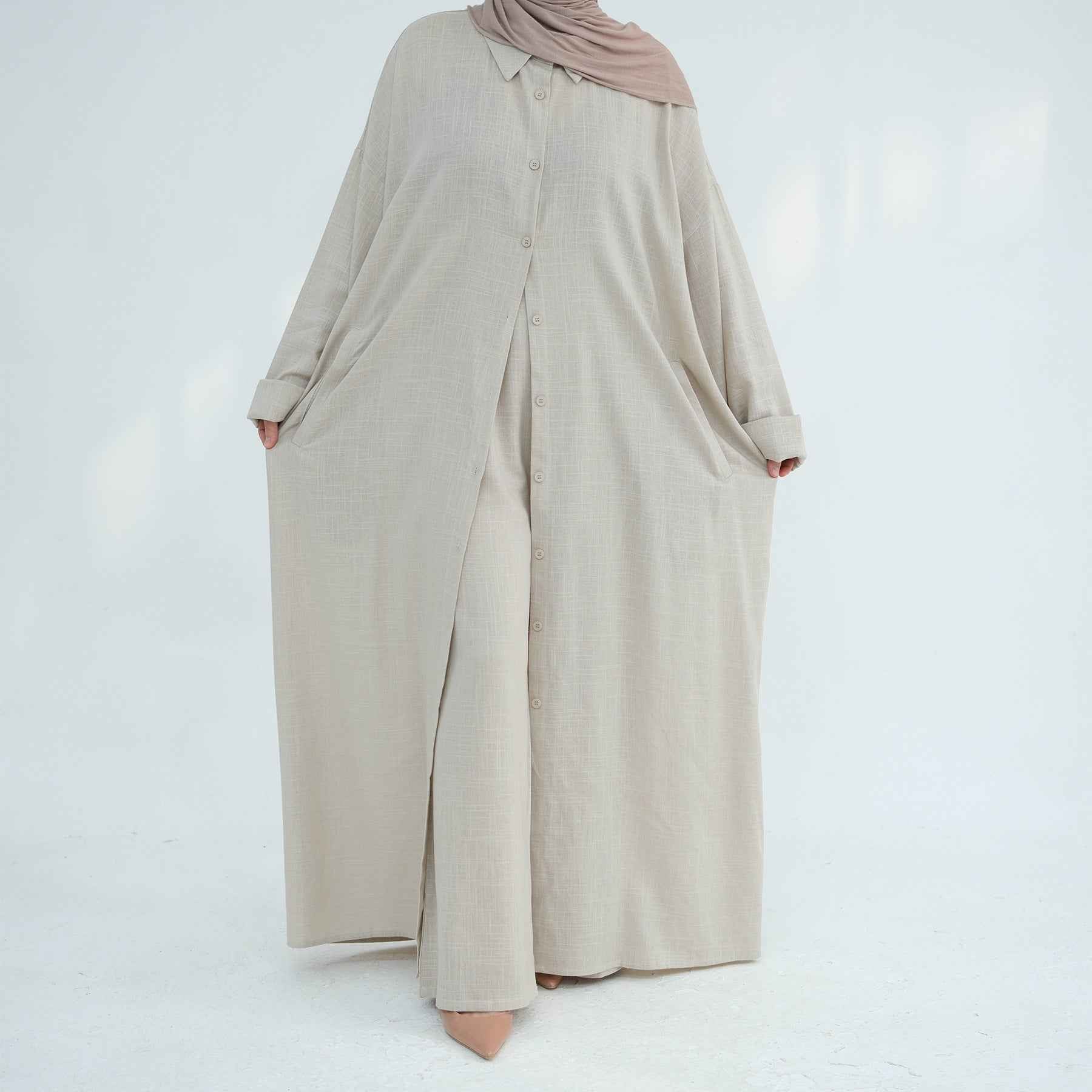 LR924  Plain Linen-Cotton Abaya Set