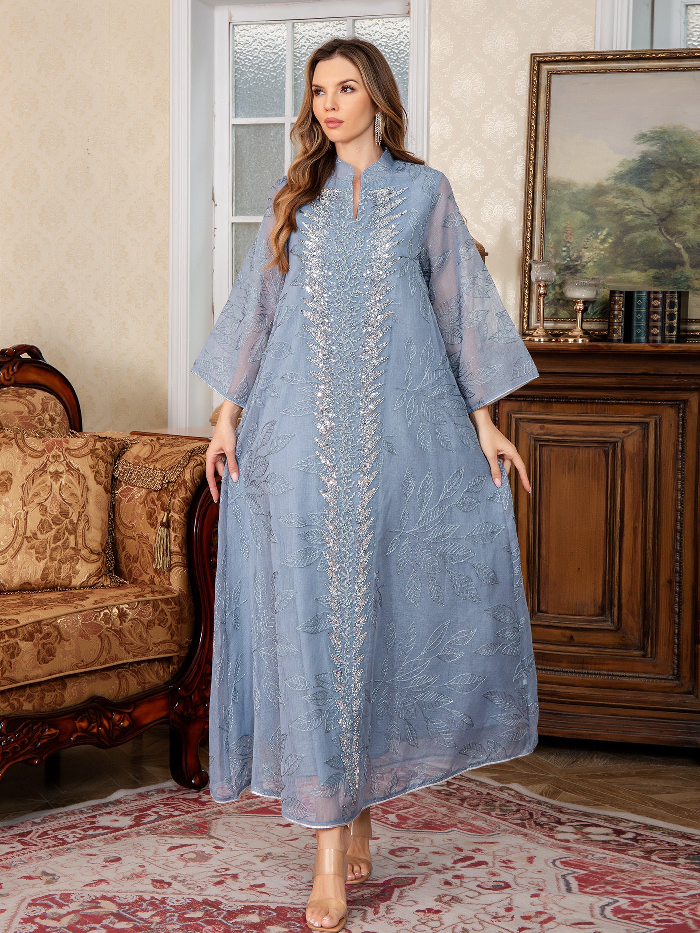 SMT169  Mesh dress with full embroidery