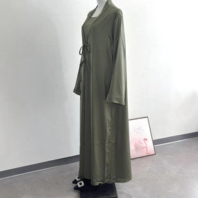 K113  Satin Tie-Front Open Abaya + Inner Dress Set - No Hijab
