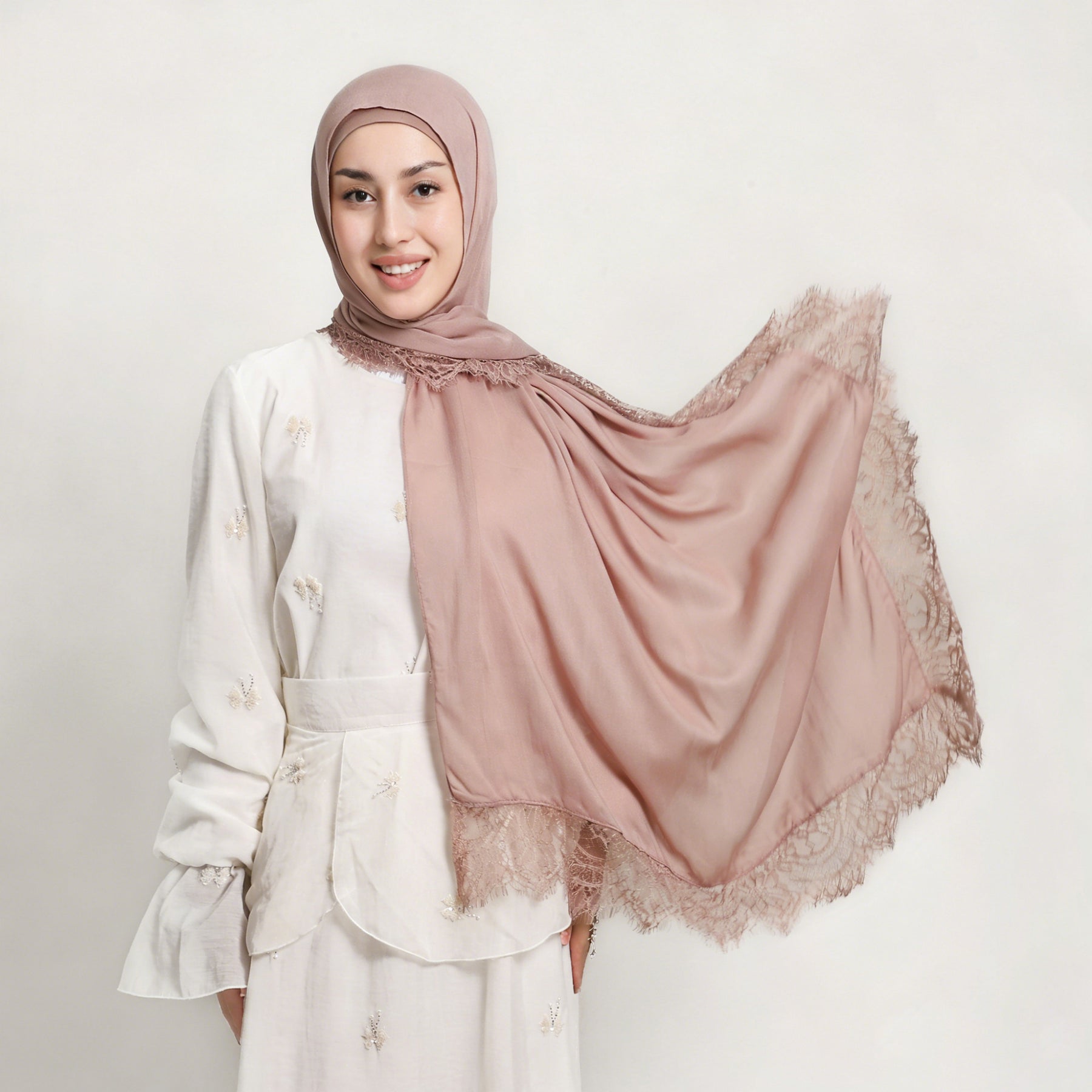 YZ347  Plain Modal Lace Hijab + Mercerized Cotton Tube Cap Set