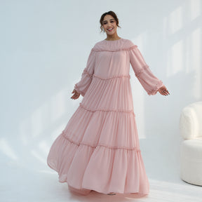 LR1161  Long Sleeve Tiered Ruffle Double Layer Dress