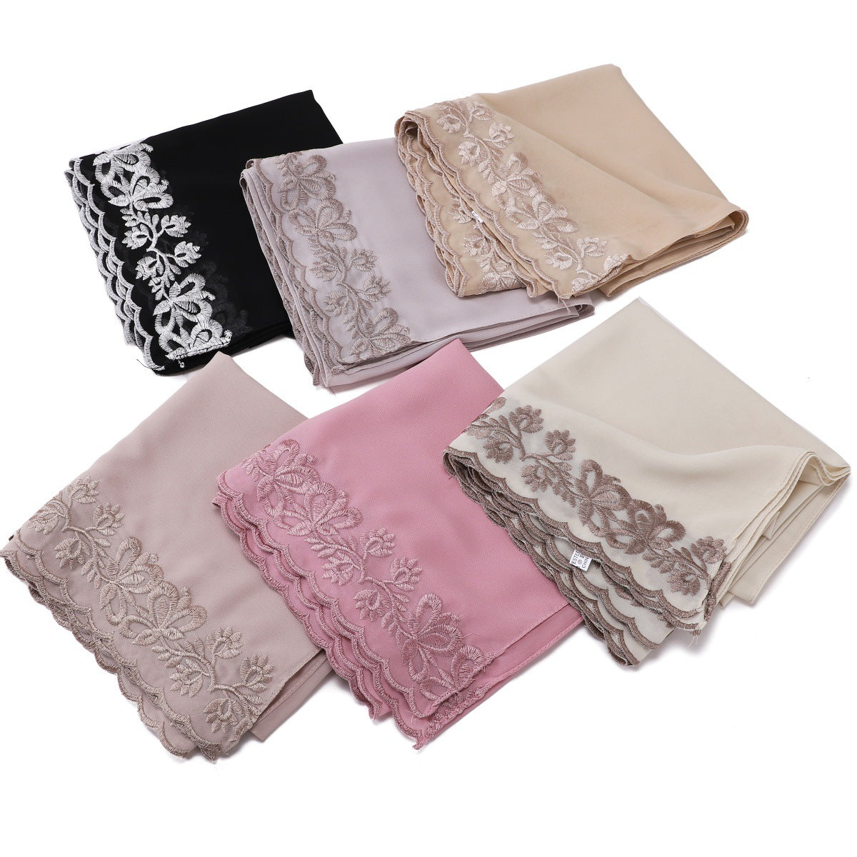 YZ315  Plain Chiffon Butterfly Embroidery Pearl Lace Hijab