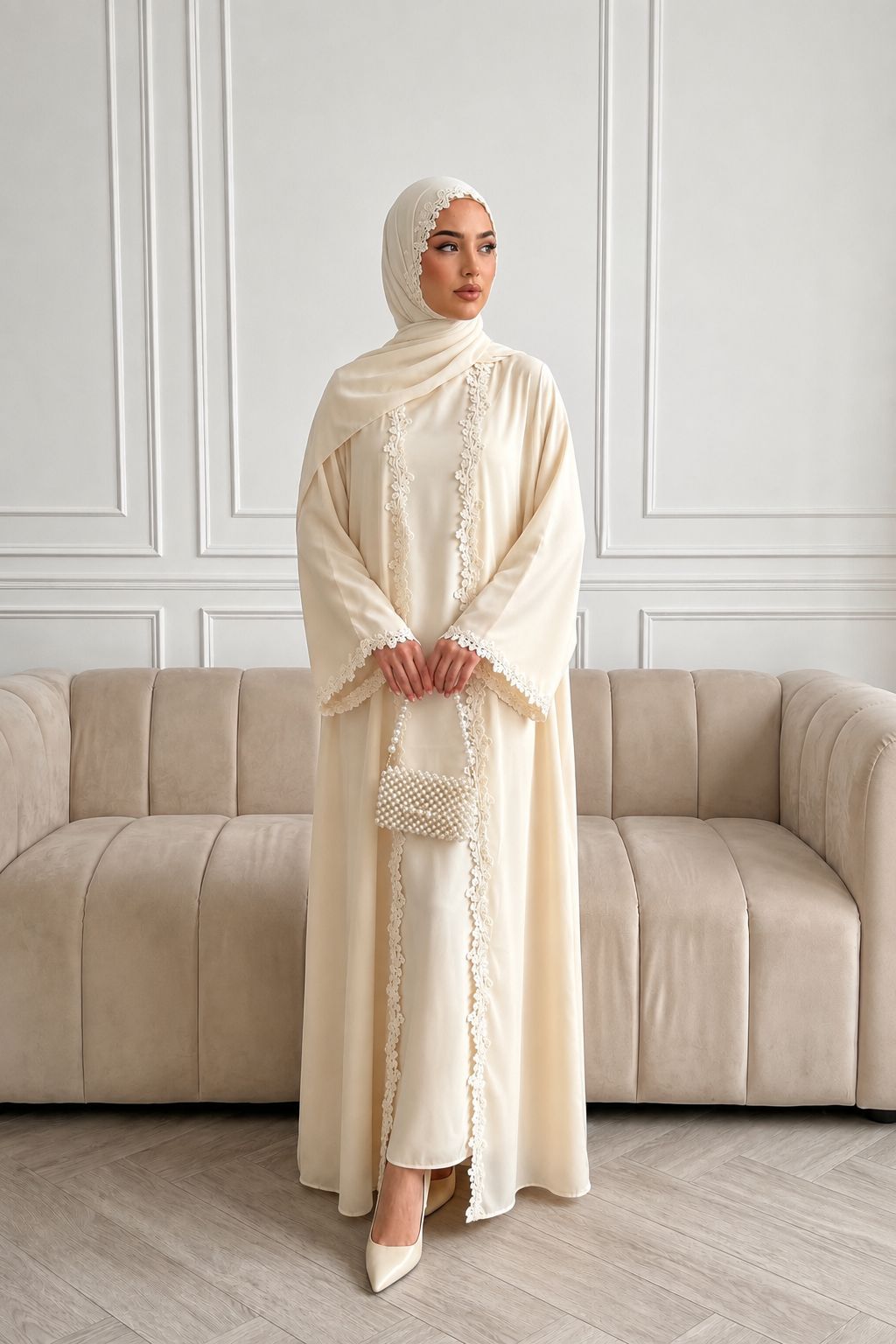 HBWT  Plain Lace Polyester Cardigan + Hijab Set