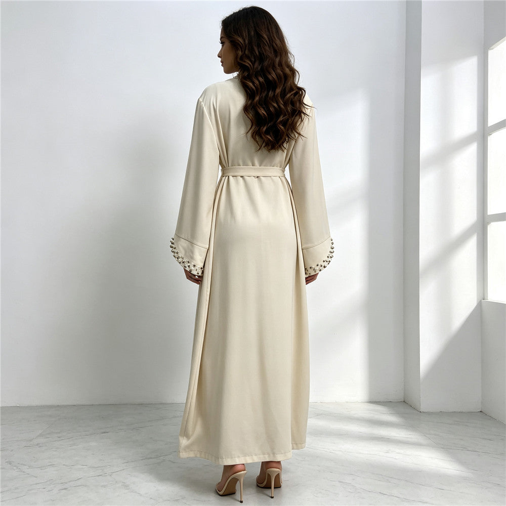 1838 vestido tipo cárdigan abaya musulmán con cuentas de uñas liso