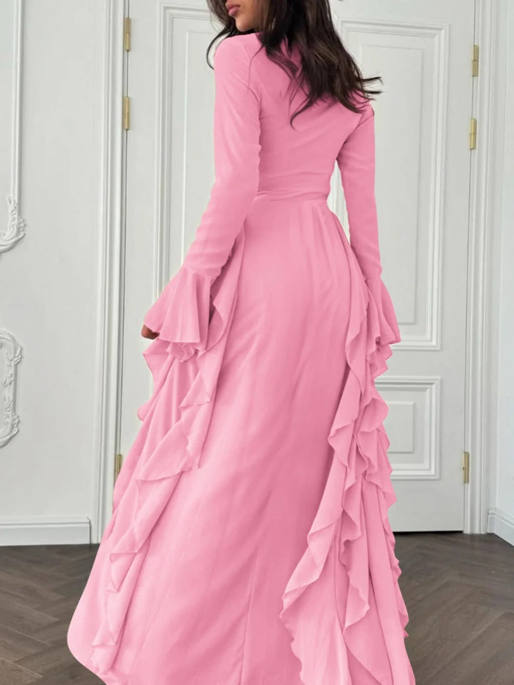 6256  Elegant Plain High-Waist Flare Sleeve Long Dress