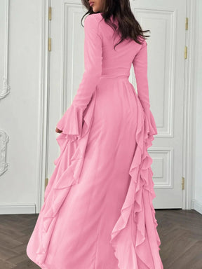 6256  Elegant Plain High-Waist Flare Sleeve Long Dress