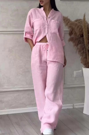6670  Women's Plain Single-Breasted Long Sleeve Shirt & Tie Waist Pants Set