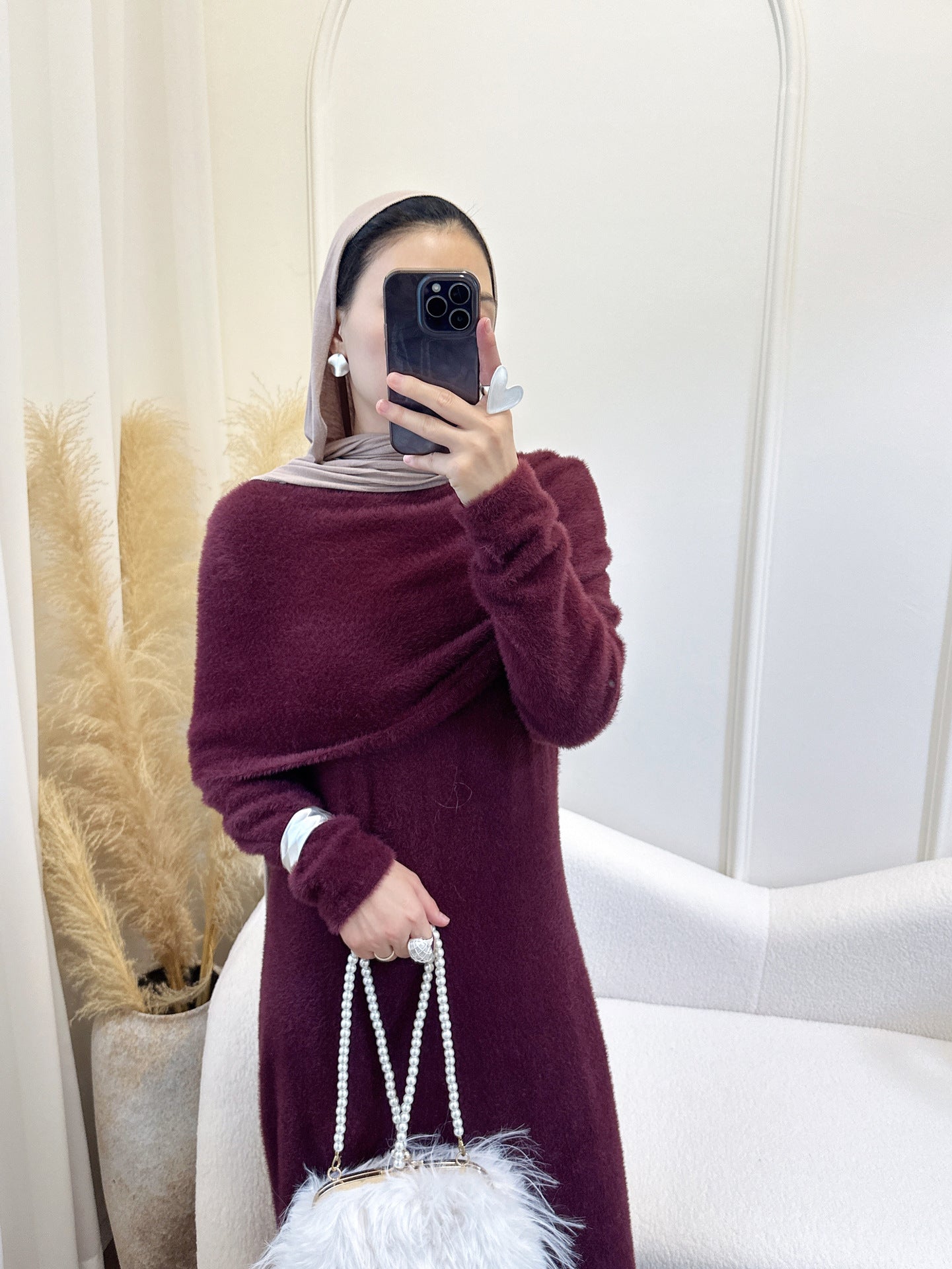 LR1085  2-Piece Plain Slim Fit Sweater Set with Shawl