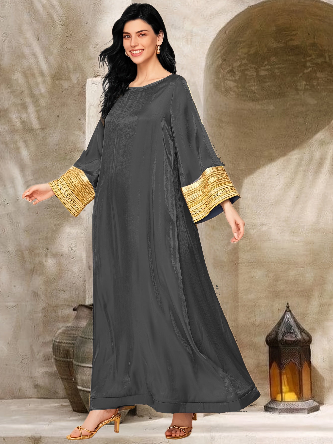 658  Shiny long dress plus size gold luxurious dress