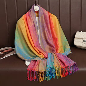 T318-01  Paisley Embroidered Ombre Tassel Polyester Cotton Scarf