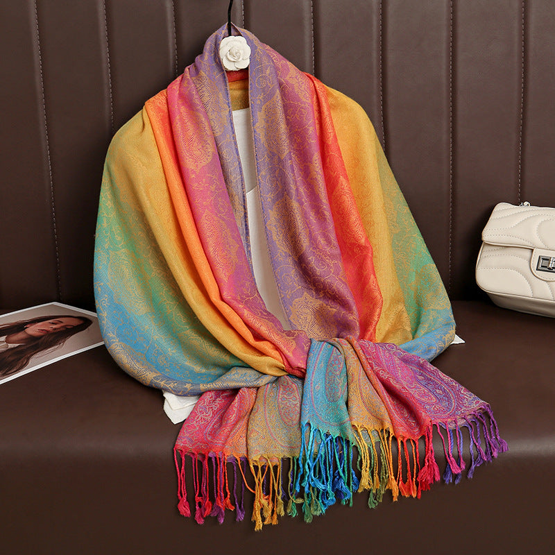 T318-01  Paisley Embroidered Ombre Tassel Polyester Cotton Scarf