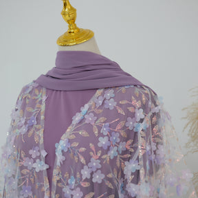 LR1189  3D Floral Open Abaya + Nida Inner Layer + Hijab Set