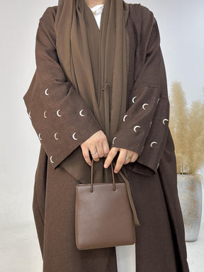 YLCX  Plain elegant long dress – cardigan style, moon embroidery