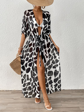 A12267  Batwing Sleeve Tie Waist Leopard Print Mesh Beach Bikini Cover Up