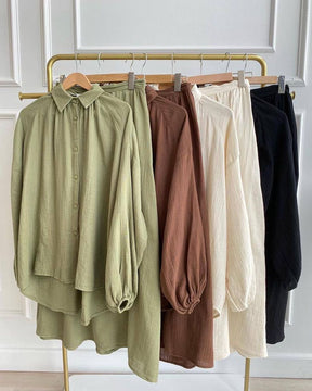 L8018   Puff Sleeve Shirt Skirt Set