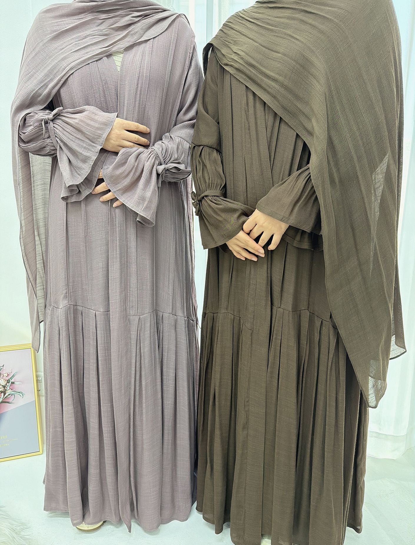 LR1139  Pleated cardigan with lining + hijab 2-piece set