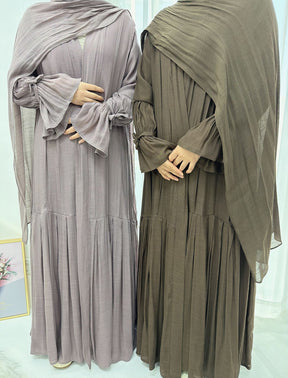 LR1139  Pleated cardigan with lining + hijab 2-piece set