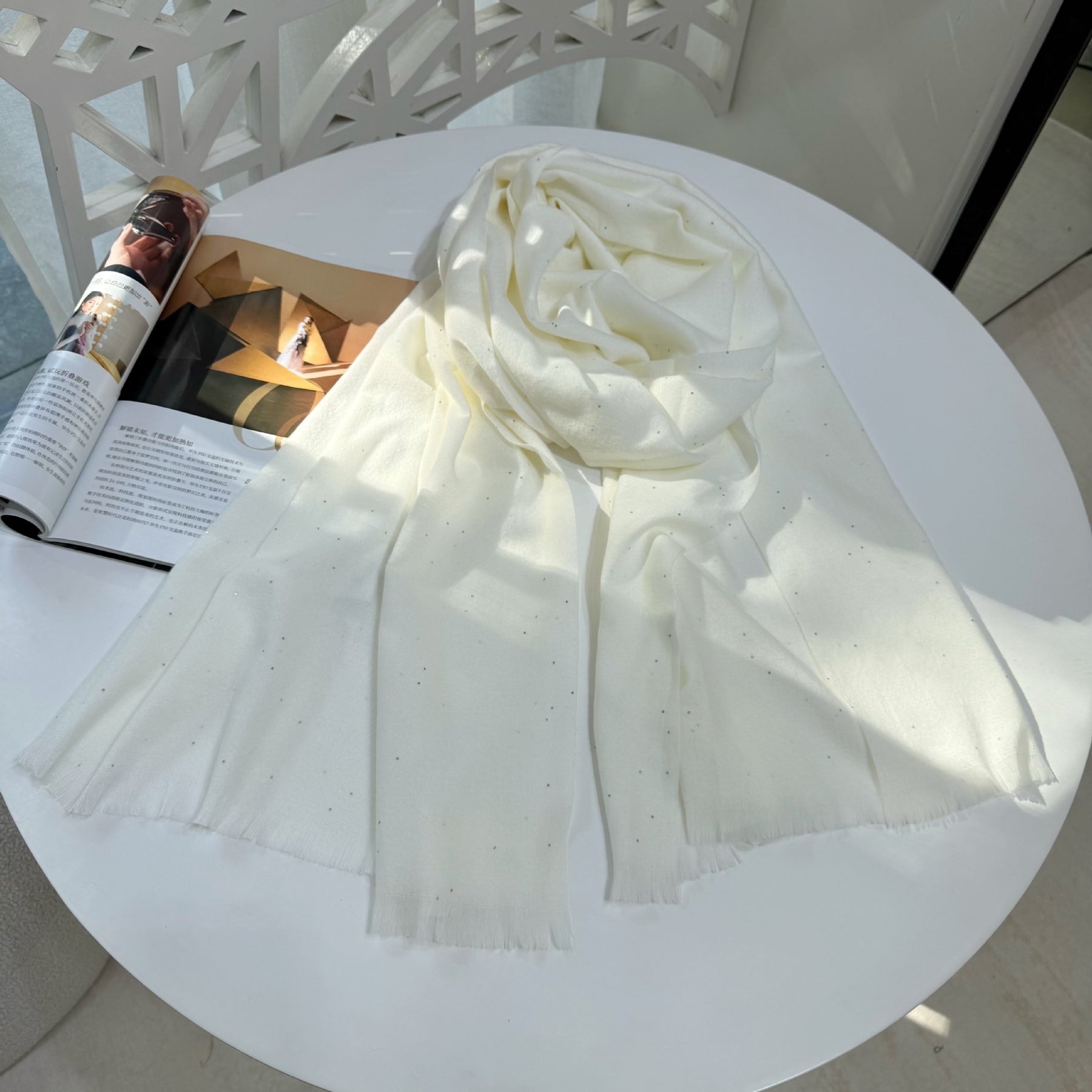 JM001  Plain Starry Hotfix Rhinestone Polyester Tassel Scarf
