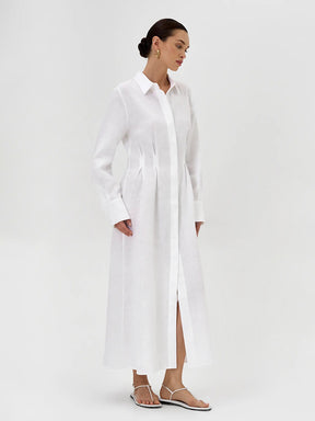 LYQ0431  Women's Waist-Cinching Linen Shirt Dress with Side Slit