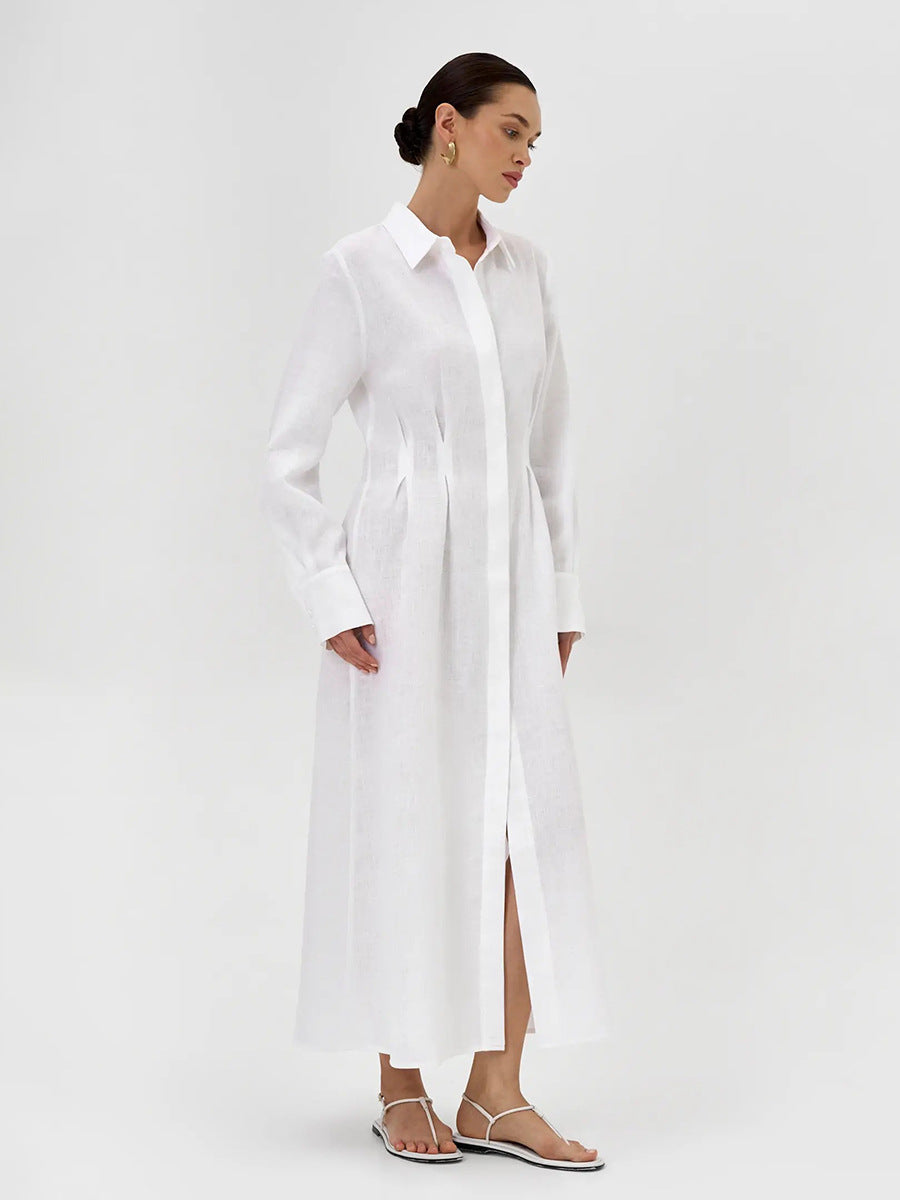 LYQ0431  Women's Waist-Cinching Linen Shirt Dress with Side Slit