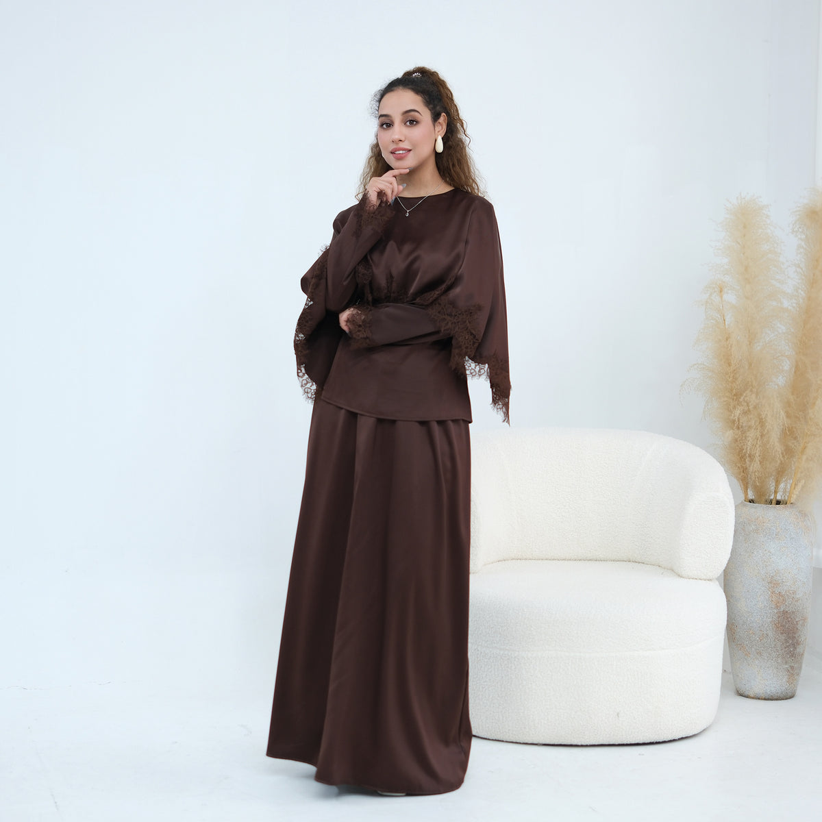 LR1178  Lace-Trim Polyester Top with Shawl & Skirt Set - Sold Separately