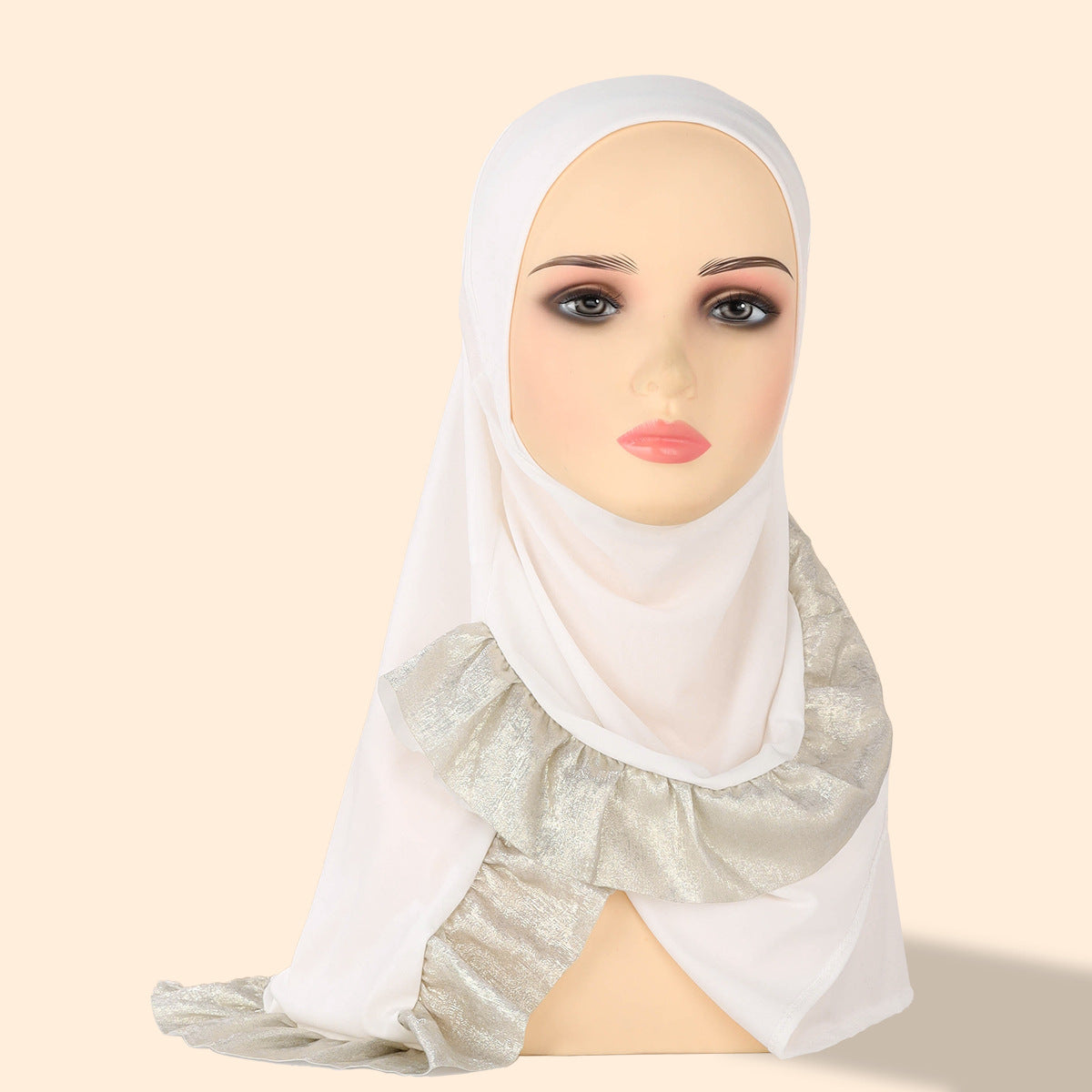 TD68-062  Plain Crystal Linen One-Piece Hijab, Silver Foil Ruffles