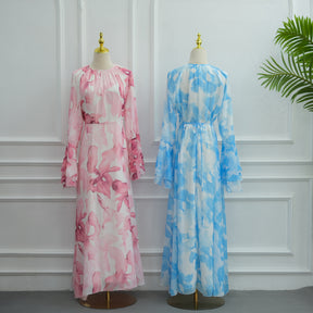 LR1338  Printed Double-Layer Chiffon Flare Sleeve Dress