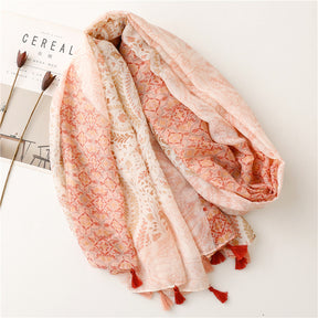 SL2202-009  Women's Ethnic Cotton Linen Feel Scarf with Wheat Ears Tassels