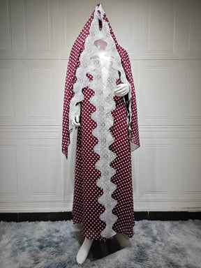 MQ297  Red Polka Dot Chiffon Wavy Lace Cardigan + Hijab Set
