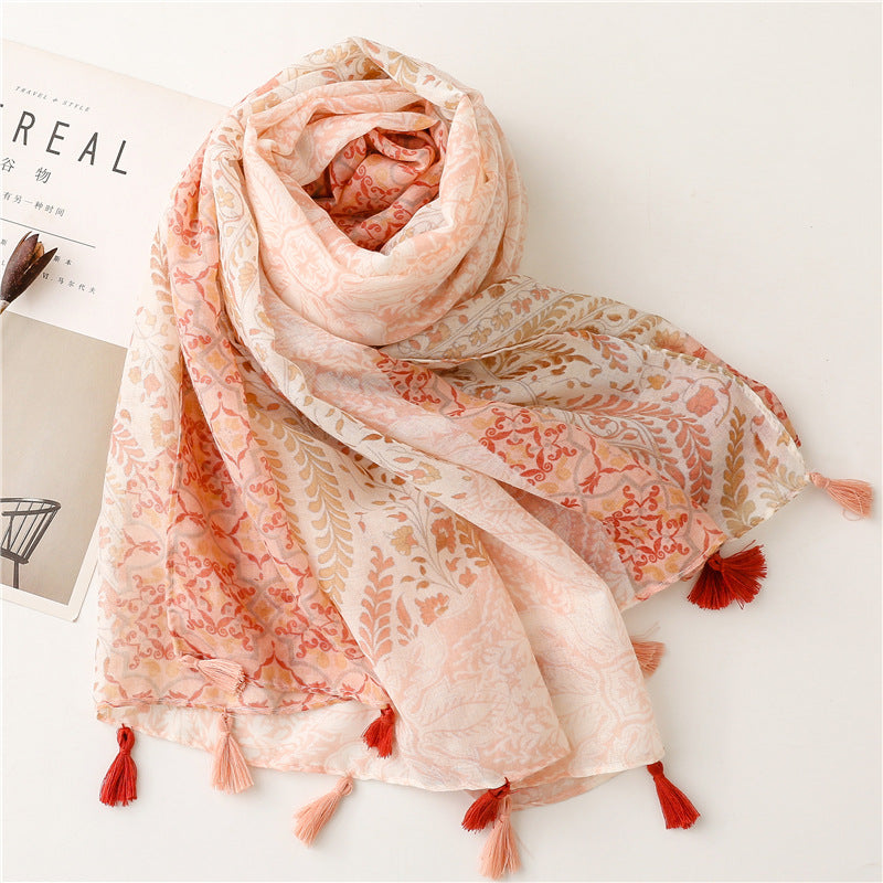 SL2202-009  Women's Ethnic Cotton Linen Feel Scarf with Wheat Ears Tassels